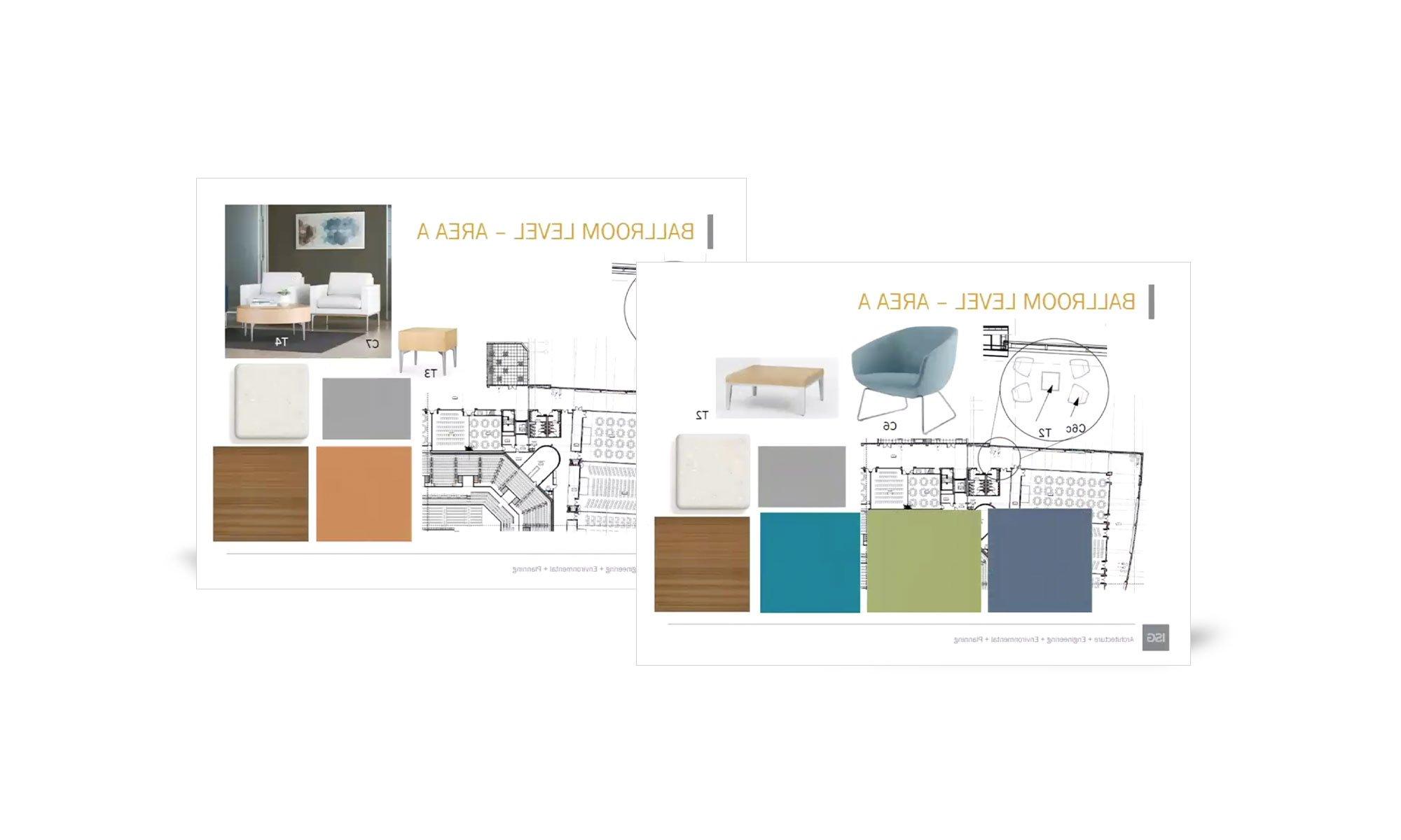 Pages from 拉克罗斯中心 renovation interior design plan showing ballroom area color schemes